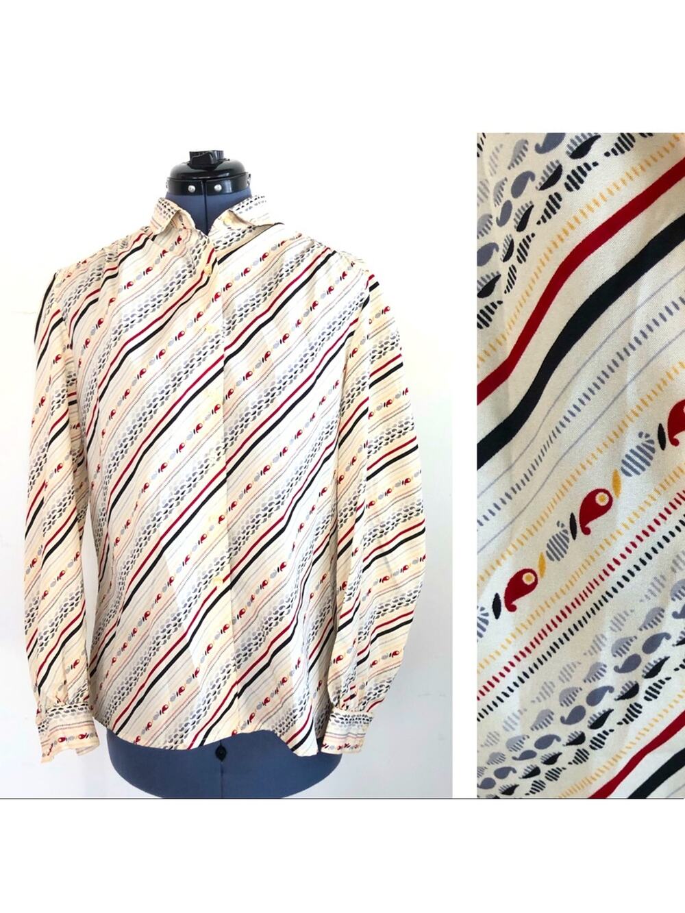 Vintage 70s Boho Patterned Silky Blouse Paisley Button Down Shirt Striped Sz 14